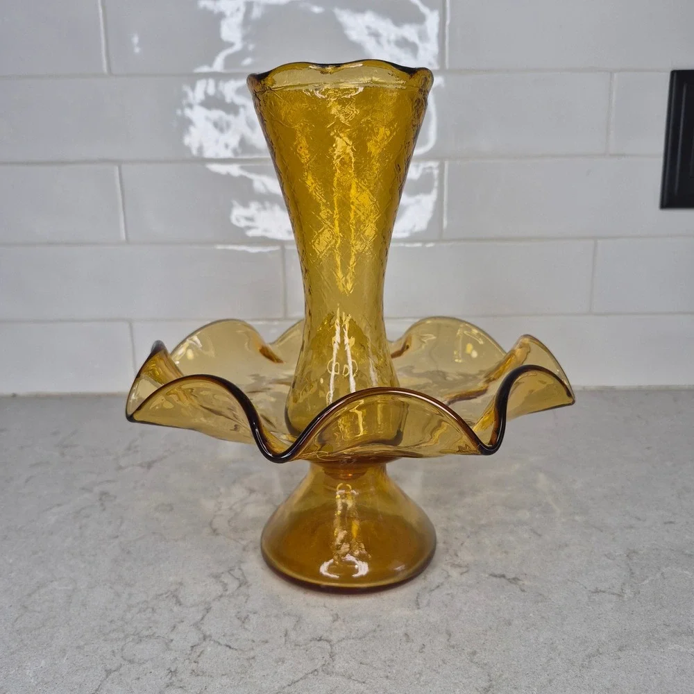 Vintage Epergne Vase‎ Amber Diamond Quilted Ruffled Glass 10 Inch 2 Piece